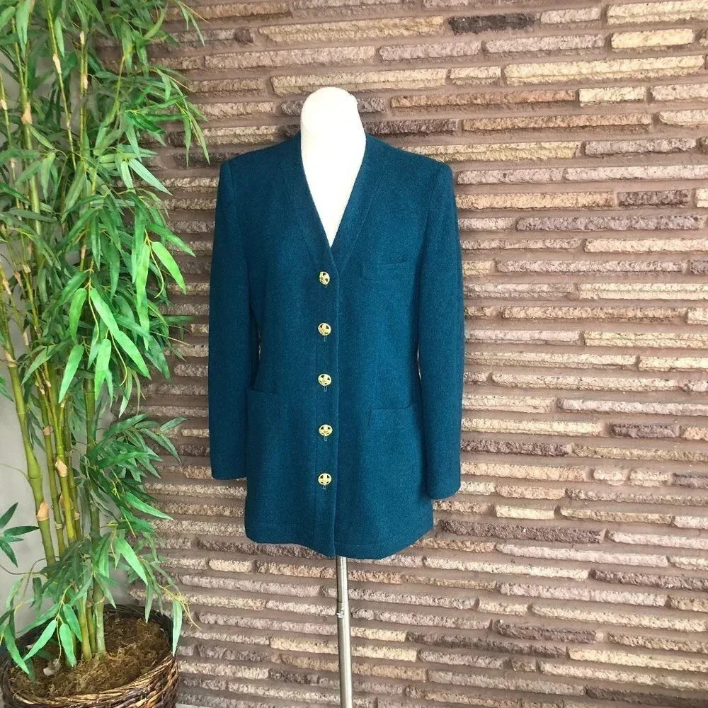 Sanyo I Magnin Vintage 80s Teal Boucle Wool Tunic Blazer Jacket NEW Old Stock